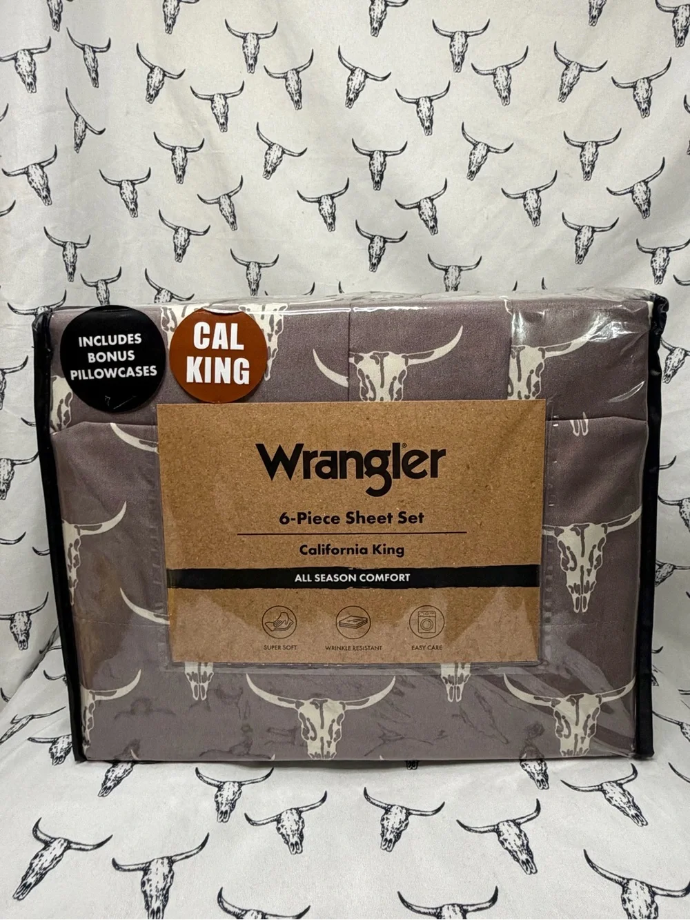 Wrangler California King 6-Piece Sheet Set — Taupe and Cream Skull Print